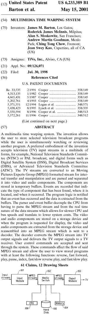 The front page information from the TiVo Time Warping patent including a schematic diagram