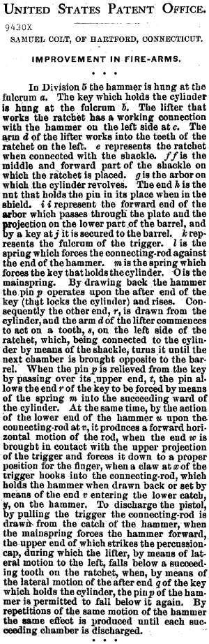 The main description in the patent specification of Colt's revolver.